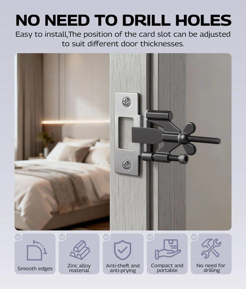 Two Pack Portable Adjustable Door Lock With Silicone Cap Protection installed on bedroom door, showing punch free use.