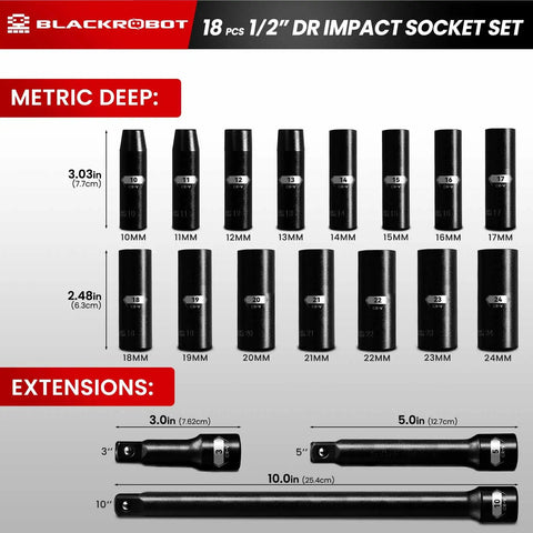 Beefy Eighteen Piece Half Inch Impact Deep Well Metric Socket Set With Three Inch Five Inch And Ten Inch Extension Bars From 10mm To 24mm Six Point Chrome Vanadium Steel ANSI Standard shown with all pieces visible.