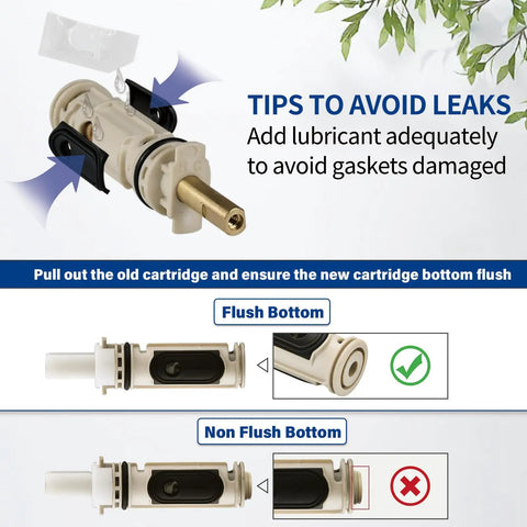 Installation guide for Posi Temp Cartridge Replacement Kit With 104421 Removal Tool And 116653 Handle Adapter showing flush and non-flush positions.