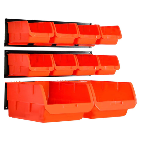 Wall Mounted Tool Organizer With Ten Bins And Three Rails, Space Saving Wall Storage Rack For Tools Nuts Bolts Screws Small Parts And Accessories In Bright Orange Garage Ready.