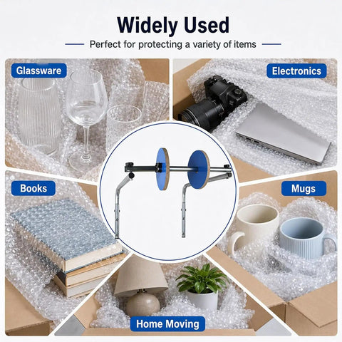 Pro Level Commercial Wall Mounted Foam Wrap Roll Dispenser For Heavy Shipping Packing And Moving With Ridiculously Strong Galvanized Steel Film Rack, showcasing various protected items.