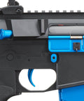 Close-up of Gen 2 M4 SPR Carbine Blue Airsoft AEG Rifle with full metal gearbox and blue accents