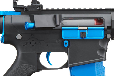 Close-up of Gen 2 M4 SPR Carbine Blue Airsoft AEG Rifle with full metal gearbox and blue accents