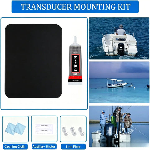 Screwless Transducer Mounting Plate Kit For Boats No Drill Hull Install Easy Clamp On 4.5 Inch By 3.5 Inch Standard Size Black Fits Small To Medium Transducers No Screws Needed Keeps Hull Protected black plate with adhesive and line fixers