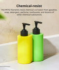 Yellow and green soap dispensers made from chemical-resistant PETG filament.