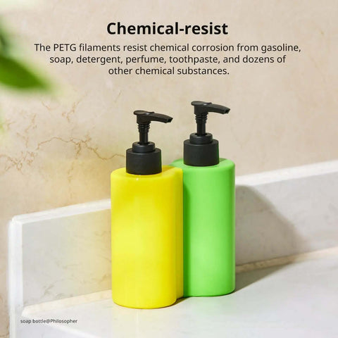 Yellow and green soap dispensers made from chemical-resistant PETG filament.