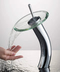 Tall Waterfall Vessel Sink Bathroom Faucet With Glass Disk In Chrome Finish, showcasing smooth water flow and tempered glass disk.