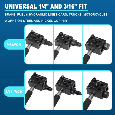 Brake line flaring tool kit by Gearoll for 1/4 in and 3/16 in SAE, black metal, shown in multiple views