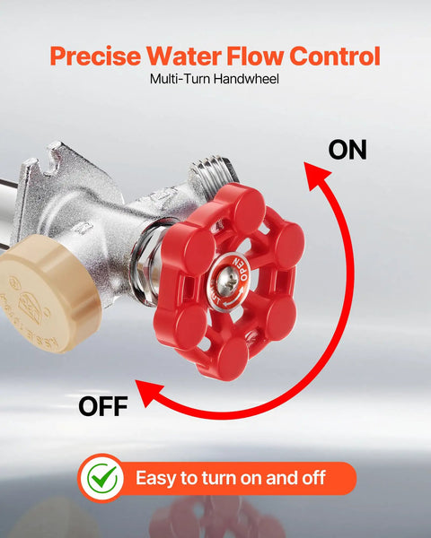 Frost Proof Outdoor Sillcock With No Fuss Anti Siphon Valve And Backflow Preventer Twelve Inch One Half Inch Push To Fit Connector To Three Quarter Inch Hose Bibb No Lead Frost Free Spigot For PEX Copper CPVC Plumbing, showing multi-turn handwheel for precise water flow control.