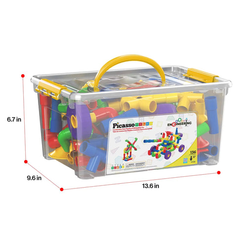 136-Piece Tubular Pipes And Spout STEAM Interlocking Building Block Set with Storage Box, dimensions 13.6 x 9.6 x 6.7 inches