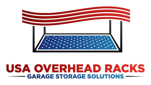 Logo depicting USA Overhead Racks with a stylized garage storage rack and the American flag.