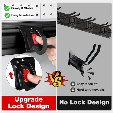 Garage Tool Organizer Wall Mount System with upgraded lock design versus no lock design for secure tool hanging