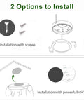 Diagram showing two installation options for Under Cabinet LED Puck Lighting Kit With Black Cover And Touch Dimmer Switch 6 Pack