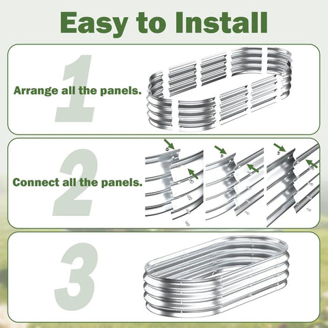 Assembly diagram for Galvanized Raised Garden Bed Outdoor 4x2x1ft Two Pack, showing easy steps to connect metal panels.