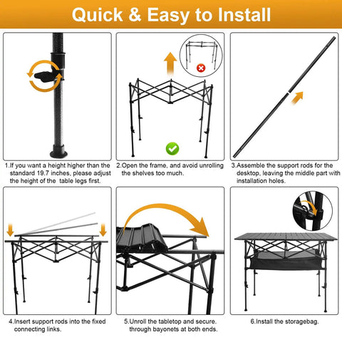 Assembly guide for Folding Camping Table With Roll Up Top Height Adjustable Portable Metal Camp Table with illustrations.