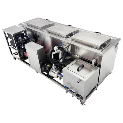 Techtongda 61L Industrial Ultrasonic Cleaner Machine With Triple Tank System, stainless steel, for parts degreasing and deep cleaning.