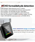 Handheld Five In One Air Quality Monitor That Sniffs Out Carbon Dioxide Co Temperature Humidity Tvoc Hcho Gas Leaks With Hella Accurate Readings Built Dang Handy For Warehouse Or Home Setup displaying formaldehyde detection levels.