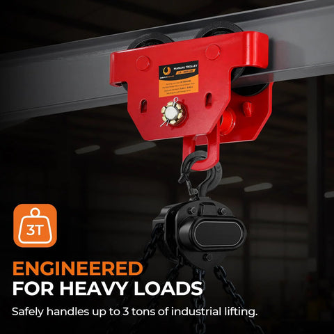 3 Ton Manual I Beam Trolley With Adjustable Width For Flange From 3.66 To 8.46 Inches, red overhead push beam trolley installed