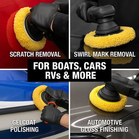 7.5 Inch Wool Polishing Pads 2-Pack for Cars Boats RVs, showing use for scratch removal, swirl mark removal, and gelcoat polishing