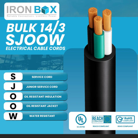 14 3 Wire SJOOW Bulk Electrical Cable Heavy Duty Outdoor Extension Cord For Generator And HVAC 15A 300V Water And Oil Resistant 250 Ft Weatherproof Jacket Built For Rough Outdoor Jobs image showing cross-section of wires.