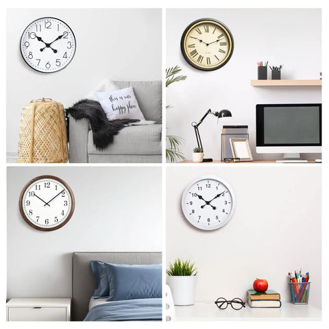 Four wall clocks in different room decor settings using 12888 Quartz Wall Clock Movement Mechanism DIY Repair Tool Parts Kit
