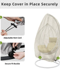 Patio Hanging Egg Chair Cover With Zipper UV Resistant Waterproof Outdoor Shield installed showing adjustable hem cord