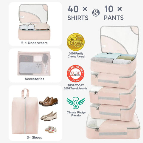 10 Piece Packing Cube Set For Travel With Anti Tear Luggage Organizer stacked display with shoe, toiletry, and laundry bags for women moms
