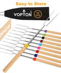 Long 32 Inch Telescoping Marshmallow Roasting Sticks For Fire Pit Smores Skewers Kit with wood handles and multicolored rings.
