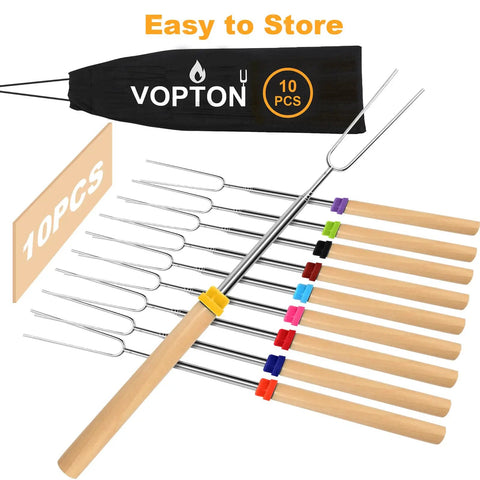 Long 32 Inch Telescoping Marshmallow Roasting Sticks For Fire Pit Smores Skewers Kit with wood handles and multicolored rings.