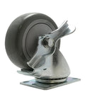 Heavy Duty Four Inch Polyurethane Swivel Caster With Killer Side Brake Holds Tight On Hills Glides Smooth For Easy Moving Handles Serious Loads Up To 375 Lbs Standard Top Plate Two Point Three Eight By Three Point Five Eight side angle view with chrome steel body and gray wheel.