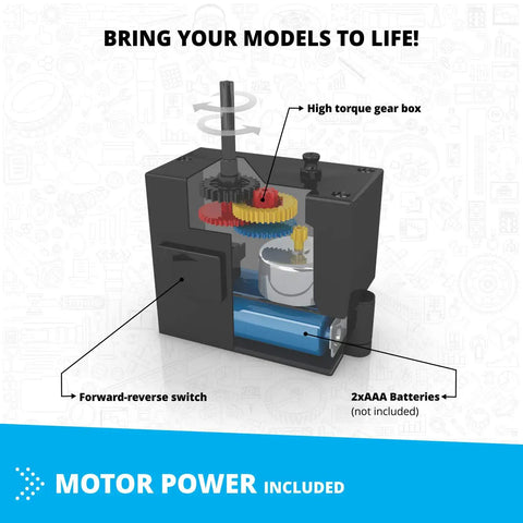 High torque gear box from 40 Motorized Models Building Kit For Kids 8 And Up A Dope DIY STEM Toy Set with forward-reverse switch.