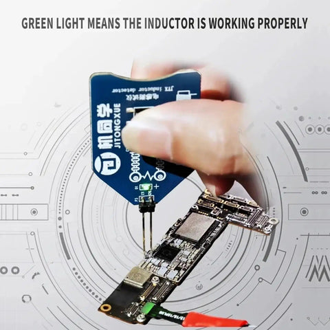 Go-To Inductor Coil Tester For PC And Phone Motherboards in use, CT 1 showing green light status on mobile PCB for fast diagnostics.