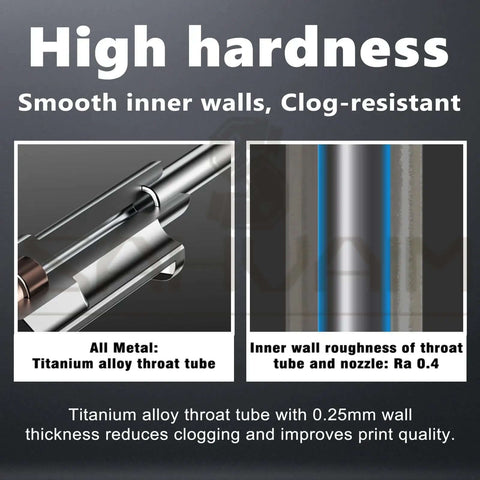 All Metal Hotends For H2D H2S H2C P2S With 0.4mm Hardened Steel Nozzle showing titanium throat tube and Ra 0.4 inner wall.