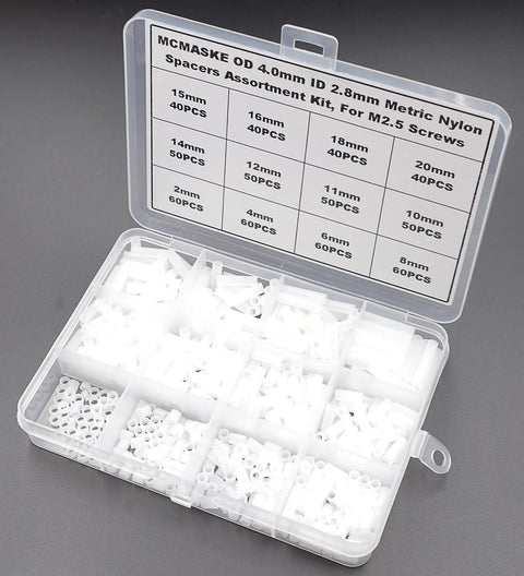 600 Pcs Nylon Spacers Set Unthreaded Round Standoffs 4mm OD 2.8mm ID White Wall Plate Spacers Kit For M2.5 Screws, Clearance Spacers, DIY Electronics, Nerdy Builder Friendly Variety Lengths, open case view