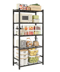 Tough As Nails 5 Tier Metal Shelving Rack With 120 Lbs Per Shelf And Foolproof Leveling Base, displayed in kitchen with food items.