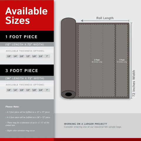 F15 Industrial Felt 72 Inch Wide One Foot Long One Half Inch Thick Heavy Duty Industrial Grade size chart illustration.