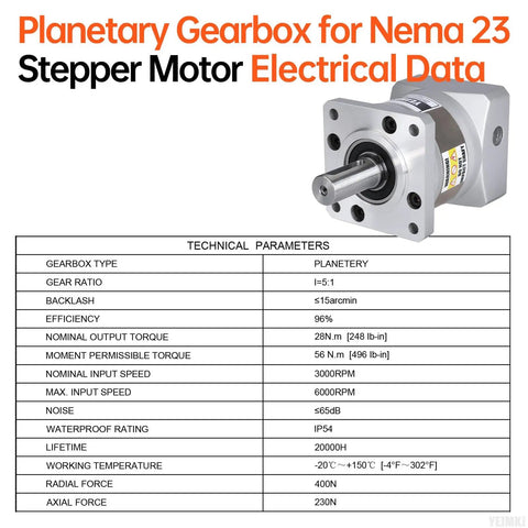Five To One Planetary Gearbox For Nema 23 Stepper Motor With 60 To 74mm Body, 15 Arcmin Backlash, 8mm Input Shaft, 31mm Length
