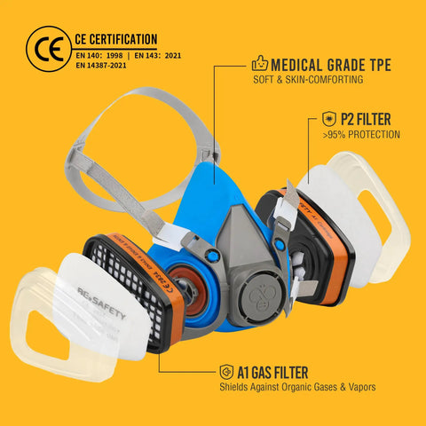 Half Face Respirator Mask With A1 Gas Filters And P2 Dust Replacement Filters RD510 Pro Grade Reusable Respirator