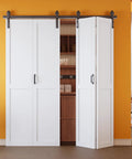 Pre Assembled Solid Core Bifold Barn Door 72 By 84 Inches Straight Out The Gate Ready with a smooth glide track system in a room setting.