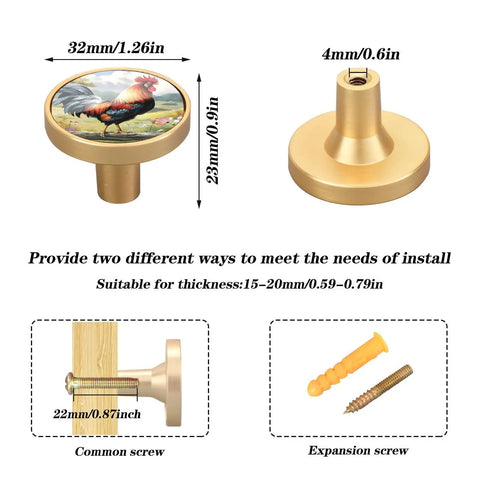 Dope Rooster Vintage Cabinet Knob with 0.87 inch regular and 1.18 inch expansion screws, gold print, acrylic back