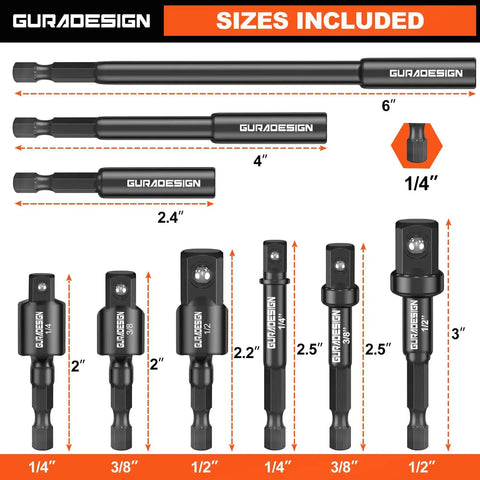 Nine Piece Beefy Impact Drill Socket Adapters Set With Universal Joints For One Quarter Inch Three Eighths Inch And One Half Inch Drive Includes Magnetic Bit Holder And Bit Extension In Chromium Vanadium Steel For Heavy Duty Auto And DIY Projects image showing different sizes of socket adapters and extensions.