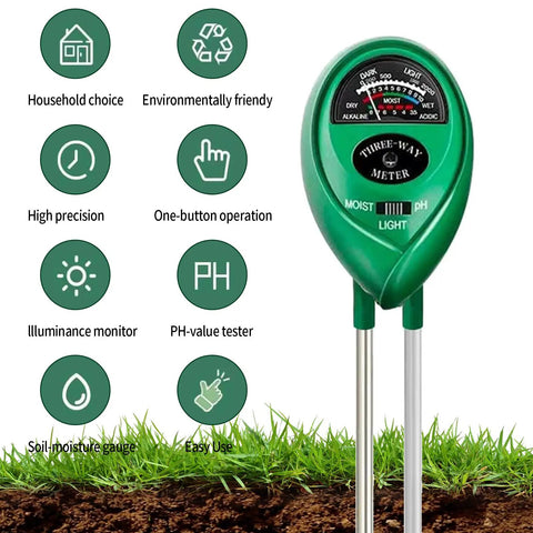 Close-up of a 3 In 1 Soil Moisture Light And PH Tester in lawn, showing moisture, light, and pH gauge for home garden and farm use.