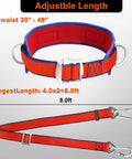 Ergonomic Waist Pad Safety Belt With Adjustable Lanyard for Tree Climbing Harness, orange belt with blue lining and metal D-rings.