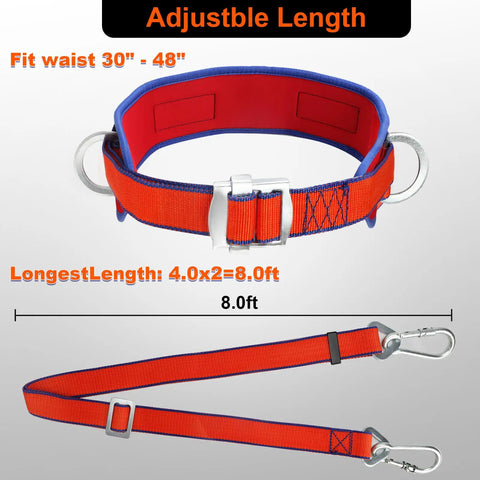 Ergonomic Waist Pad Safety Belt With Adjustable Lanyard for Tree Climbing Harness, orange belt with blue lining and metal D-rings.