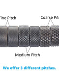 Two Piece Five Eighths Inch Diamond Pattern Knurling Wheel Set With Medium Pitch for metalworking, showing fine to coarse pitches.