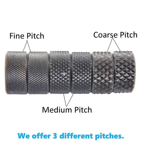 Two Piece Five Eighths Inch Diamond Pattern Knurling Wheel Set With Medium Pitch for metalworking, showing fine to coarse pitches.