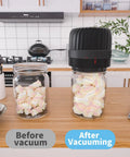 Kitchen counter showing Electric Mason Jar Vacuum Sealer Kit for Wide Mouth and Regular Mouth Jars with sealed and unsealed jar demonstration.
