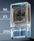 Dead Quiet Portable Swamp Cooler With Massive 180 Liter Tank And Three Adjustable Fan Speeds Evaporative Air Conditioner showing large turbine blades and cold water tank