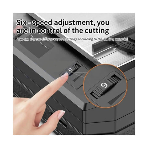 Powerful Desktop Scroll Saw For Snappy Wood Cuts With Dust Free Design And High Speed Motor showing six-speed adjustment dial.