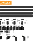 Package contents of Beefy 20 Foot Black Box Rail Exterior Barn Door Hardware Kit For Two Doors, showing tracks, brackets, and screws.
